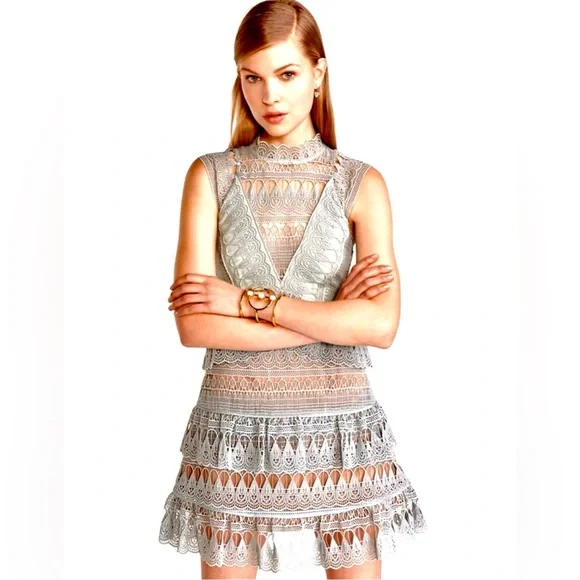 SELF-PORTRAIT Teardrop Guipure Panelled Mini Dress - Size 6 - Picture 5 of 11